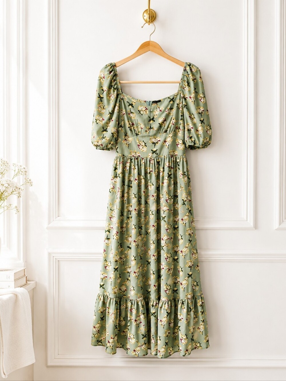Floral Puff Sleeve Midi Dress Size Large | Cottagecore Romantic Sage Green | Aut - Picture 6 of 9